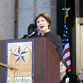 Photo of Laura Bush speaking at ceremony