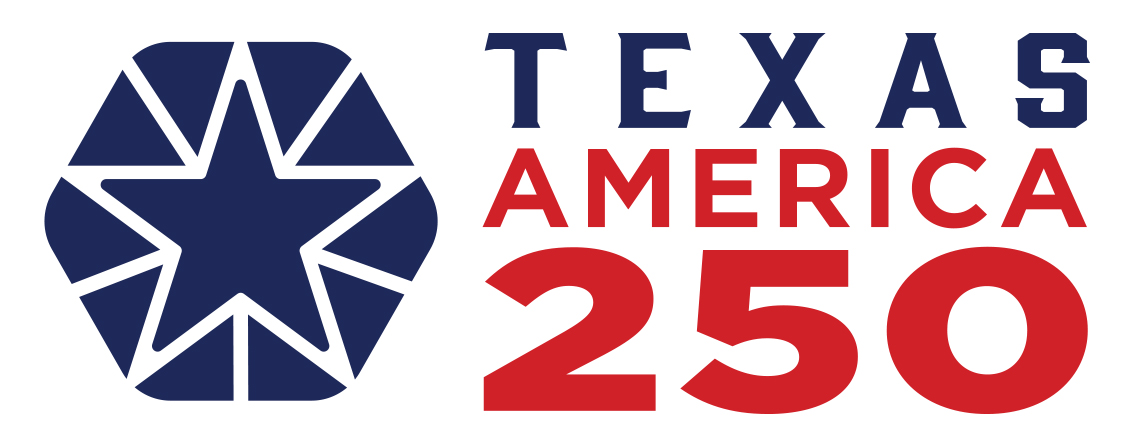 A blue star with white borders in a hexagon shape with text on the right showing Texas America 250 in blue and red colors.
